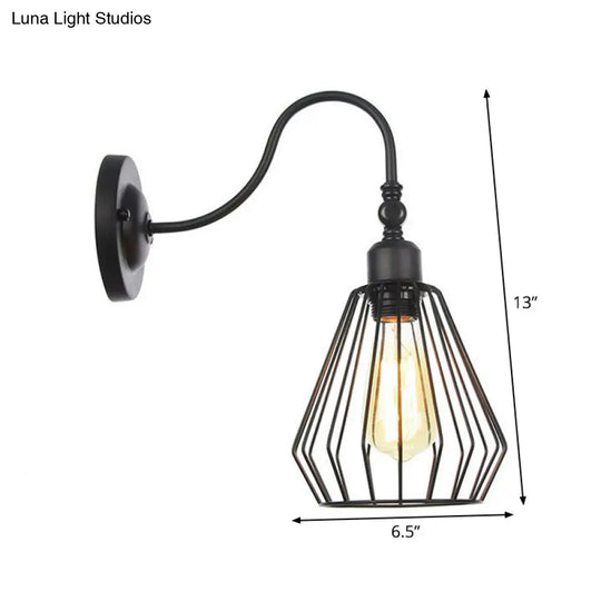 Black Iron Gooseneck Wall Lamp - Single Factory Mounted Lighting Fixture With 3 Cage Options: Tube