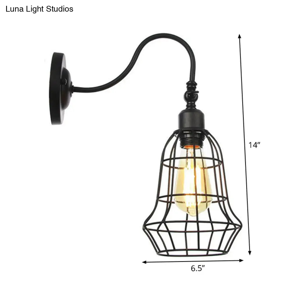 Black Iron Gooseneck Wall Lamp - Single Factory Mounted Lighting Fixture With 3 Cage Options: Tube