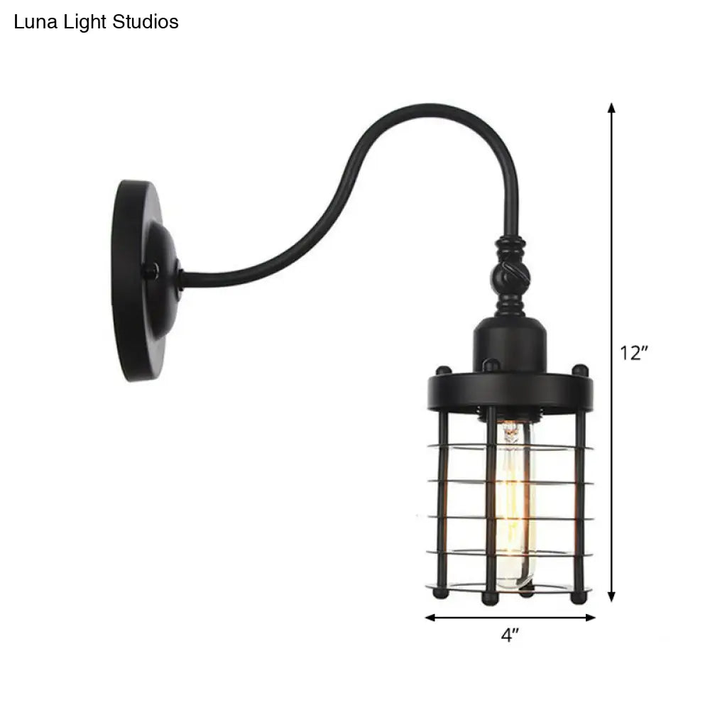 Black Iron Gooseneck Wall Lamp - Single Factory Mounted Lighting Fixture With 3 Cage Options: Tube