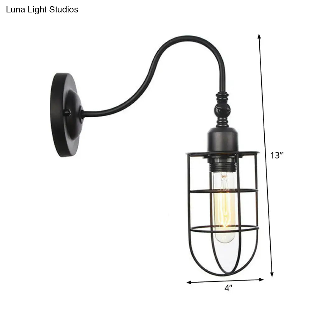 Black Iron Gooseneck Wall Lamp - Single Factory Mounted Lighting Fixture With 3 Cage Options: Tube