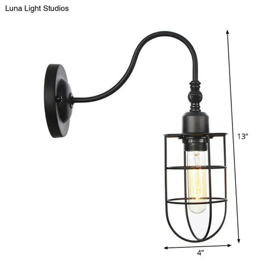 Black Iron Gooseneck Wall Lamp - Single Factory Mounted Lighting Fixture With 3 Cage Options: Tube