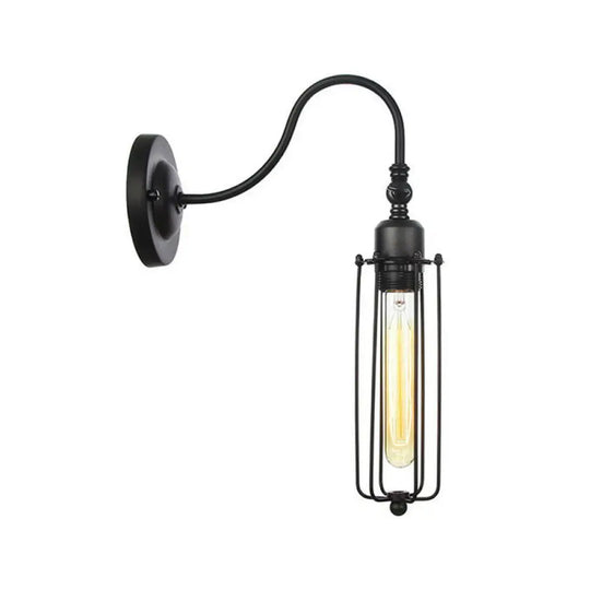 Black Iron Gooseneck Wall Lamp - Single Factory Mounted Lighting Fixture With 3 Cage Options: Tube