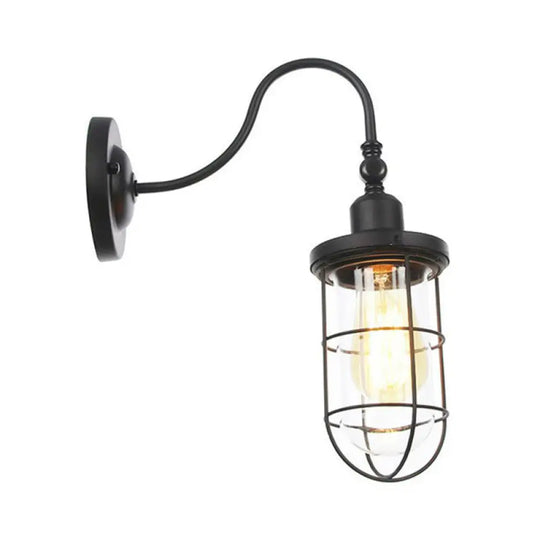 Black Iron Gooseneck Wall Lamp - Single Factory Mounted Lighting Fixture With 3 Cage Options: Tube