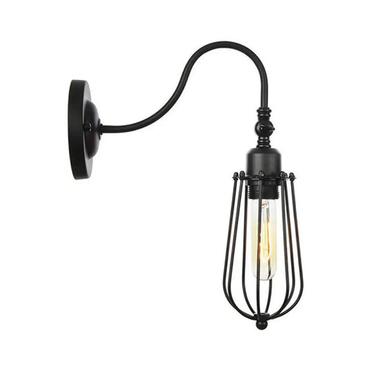 Black Iron Gooseneck Wall Lamp - Single Factory Mounted Lighting Fixture With 3 Cage Options: Tube