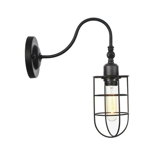 Black Iron Gooseneck Wall Lamp - Single Factory Mounted Lighting Fixture With 3 Cage Options: Tube