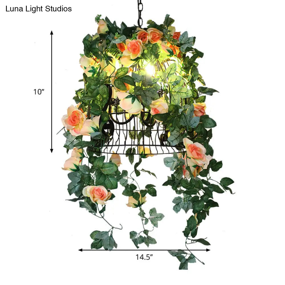 Black Iron Hanging Cage Pendant Light For Restaurant & Loft With Flared Design