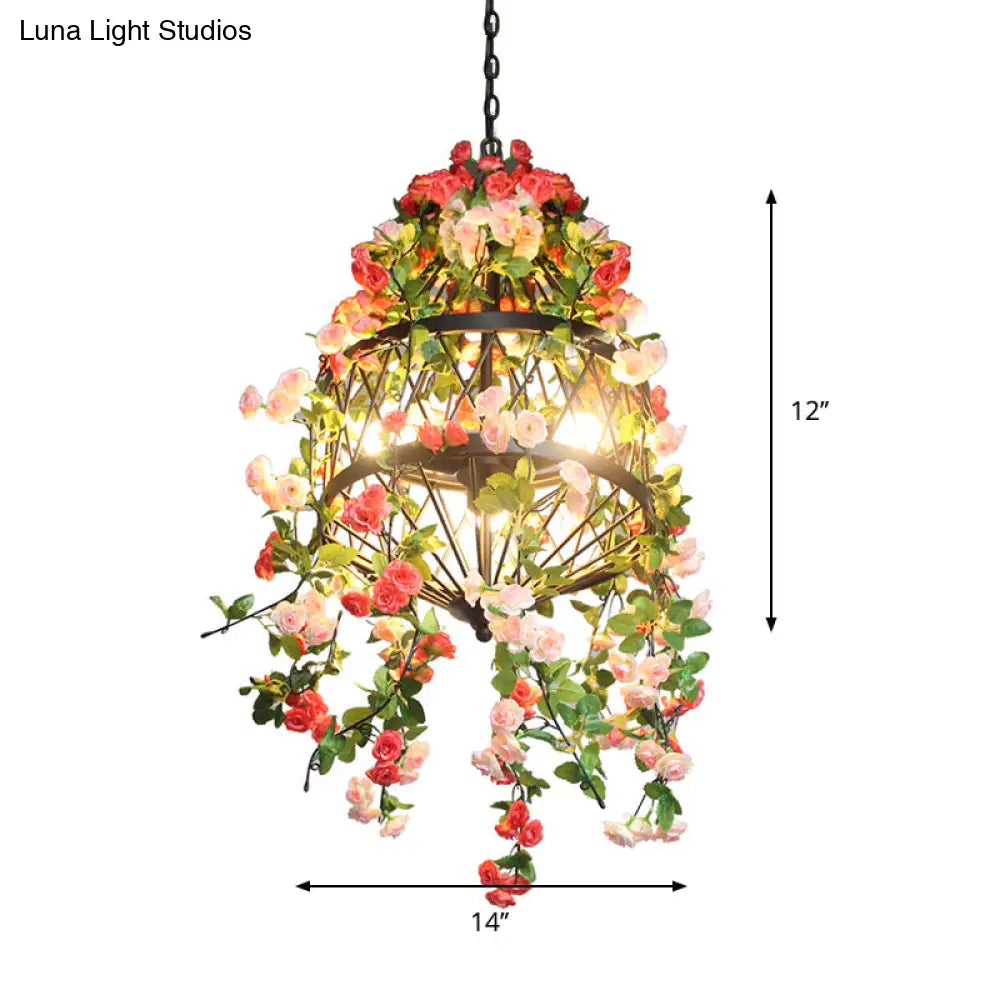 Black Iron Hanging Chandelier With Trellis Cage Design - 3/4 Lights Ideal For Restaurant Farm Or