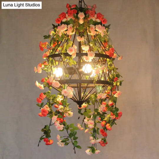 Black Iron Hanging Chandelier With Trellis Cage Design - 3/4 Lights Ideal For Restaurant Farm Or