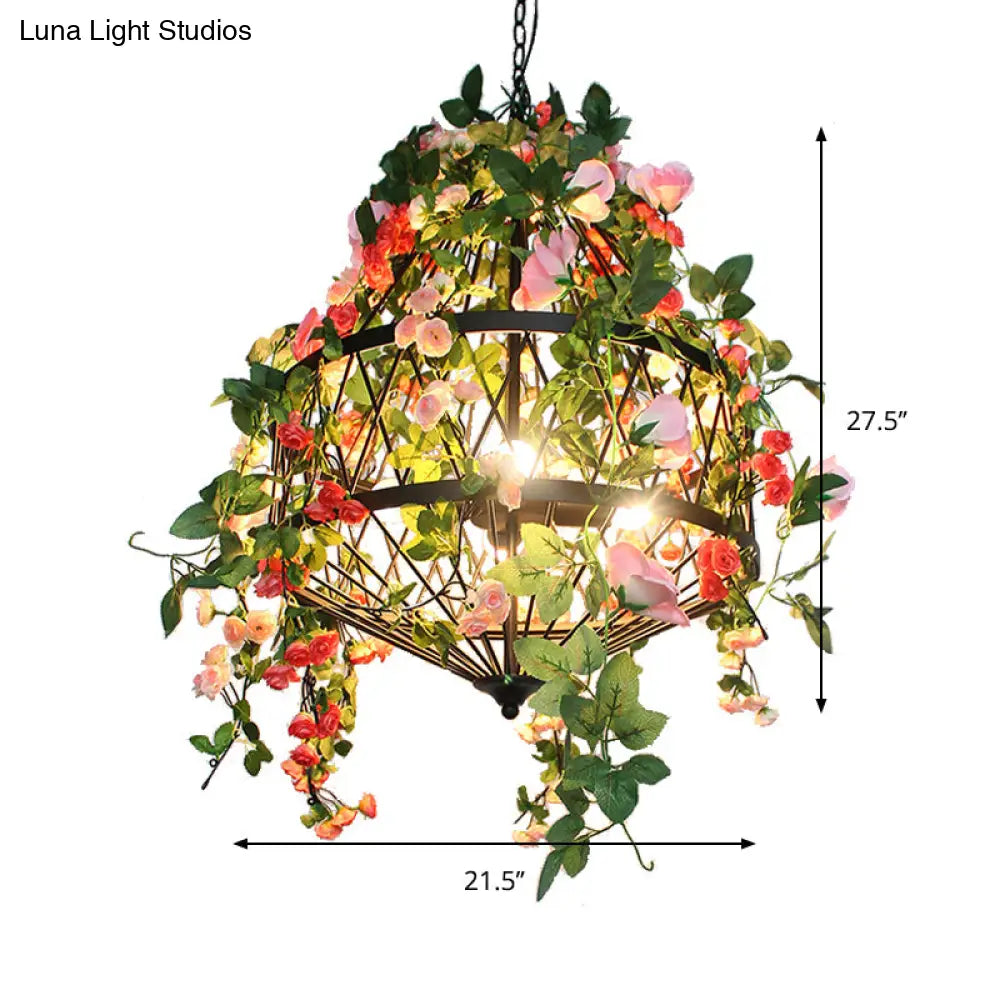 Black Iron Hanging Chandelier With Trellis Cage Design - 3/4 Lights Ideal For Restaurant Farm Or