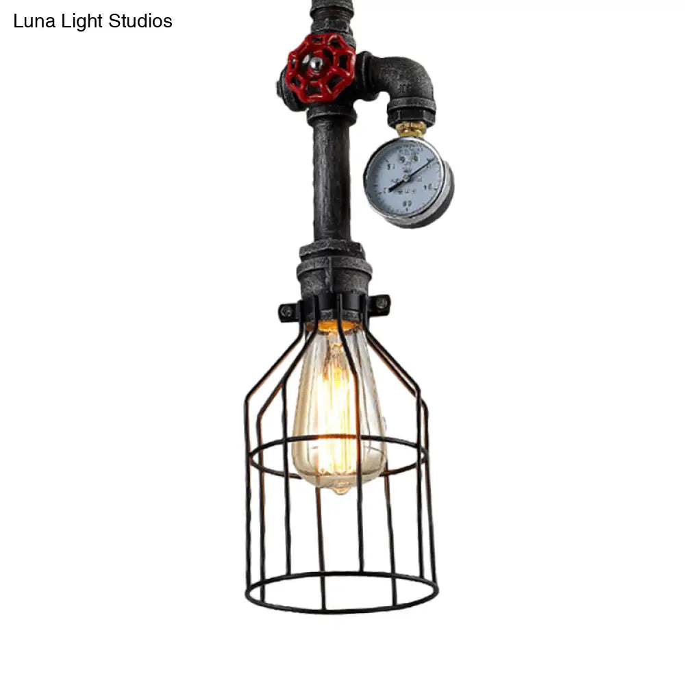 Black Iron Hanging Lamp With Wire Guard Gauge And Valve - Industrial Style
