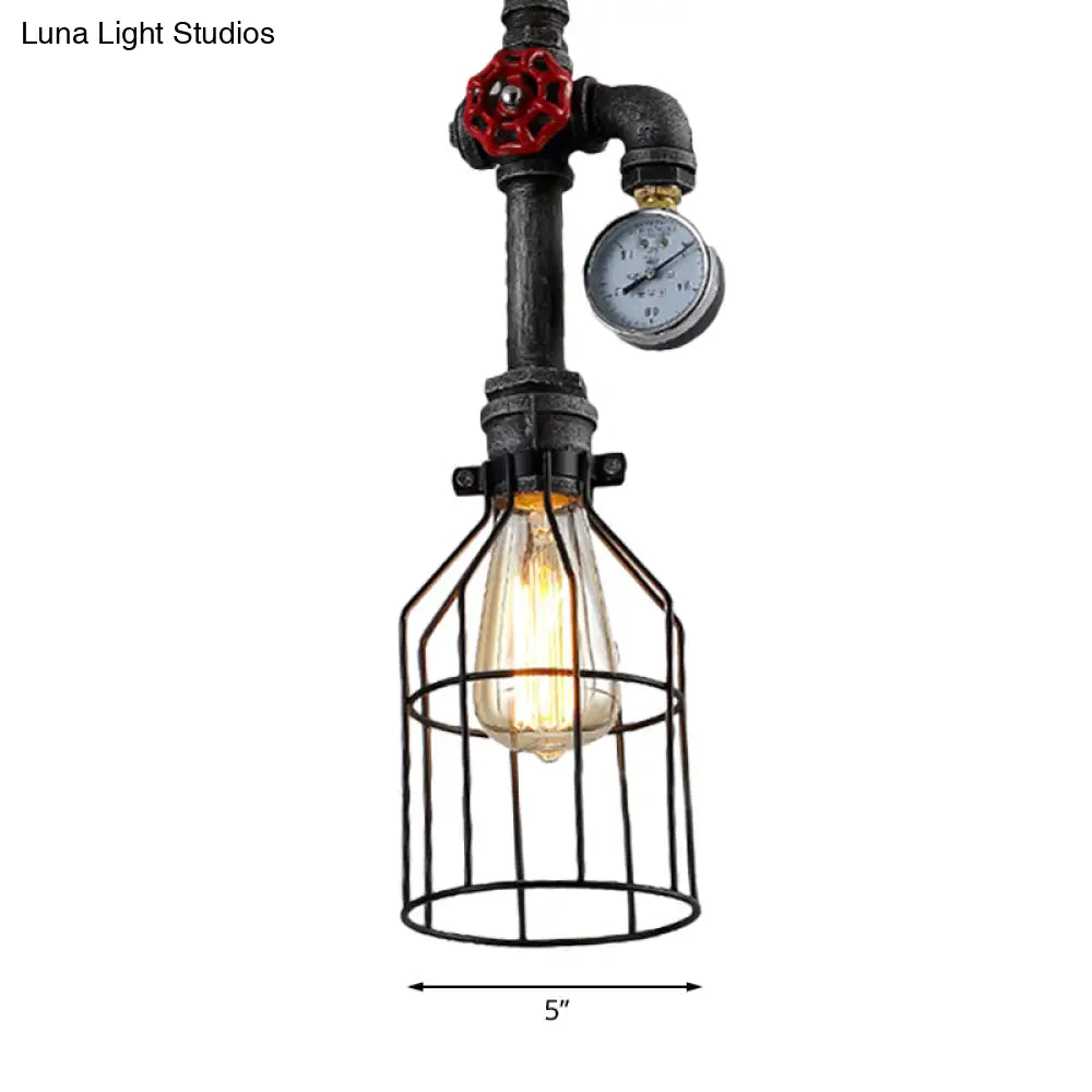 Black Iron Hanging Lamp With Wire Guard Gauge And Valve - Industrial Style