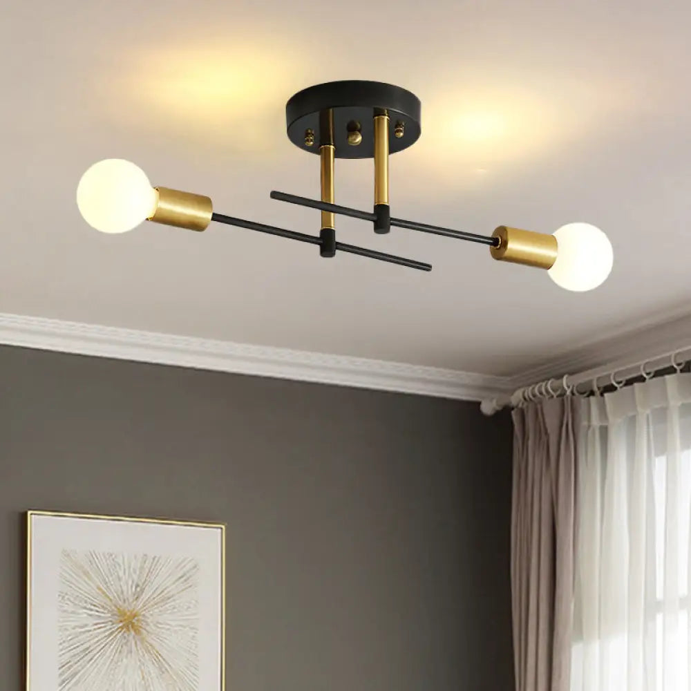 Black Iron Linear Semi Flush Mount Ceiling Light With 2 Bulbs - Minimalist Bedroom Fixture