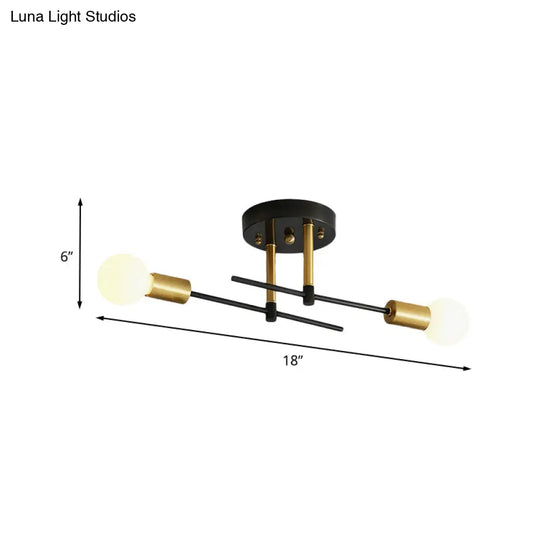 Black Iron Linear Semi Flush Mount Ceiling Light With 2 Bulbs - Minimalist Bedroom Fixture