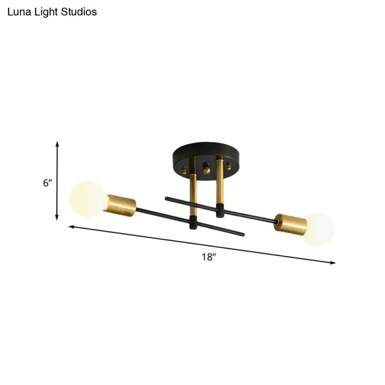 Sleek Linear Semi-Flush Mount Iron 2-Bulb Bedroom Ceiling Light Fixture In Black