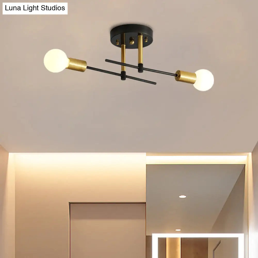 Black Iron Linear Semi Flush Mount Ceiling Light With 2 Bulbs - Minimalist Bedroom Fixture