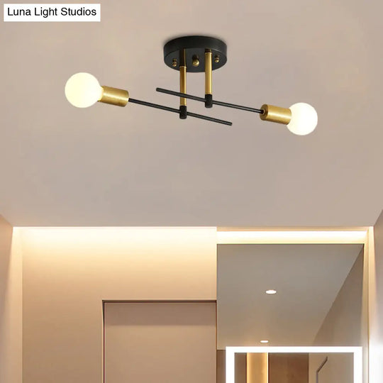 Sleek Linear Semi-Flush Mount Iron 2-Bulb Bedroom Ceiling Light Fixture In Black