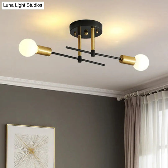 Sleek Linear Semi-Flush Mount Iron 2-Bulb Bedroom Ceiling Light Fixture In Black