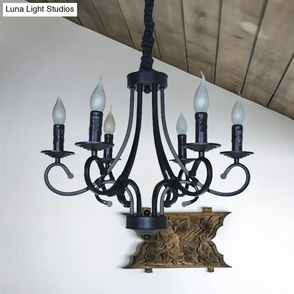 Vintage Exposed Candle Chandelier With Iron Hanging Ceiling Light - 6/8 Heads In Black