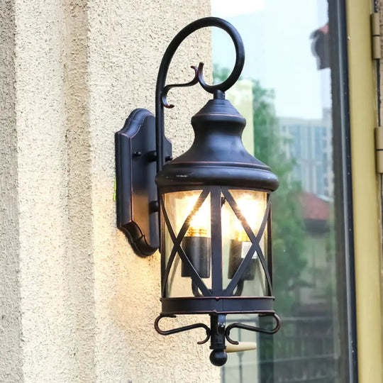 Black Iron Wall Lantern With Clear Glass Shade - Rural Sconce (2 Bulbs)