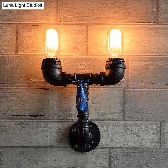 Black Iron Wall Mount Industrial Light With Water Tap Deco - 2 Lights Perfect For Corridors