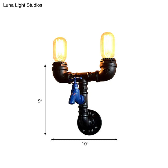 Black Iron Wall Mount Industrial Light With Water Tap Deco - 2 Lights Perfect For Corridors