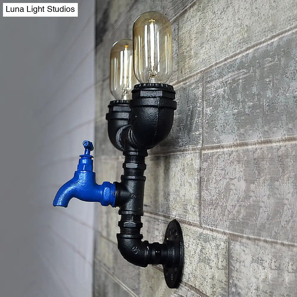 Black Iron Wall Mount Industrial Light With Water Tap Deco - 2 Lights Perfect For Corridors