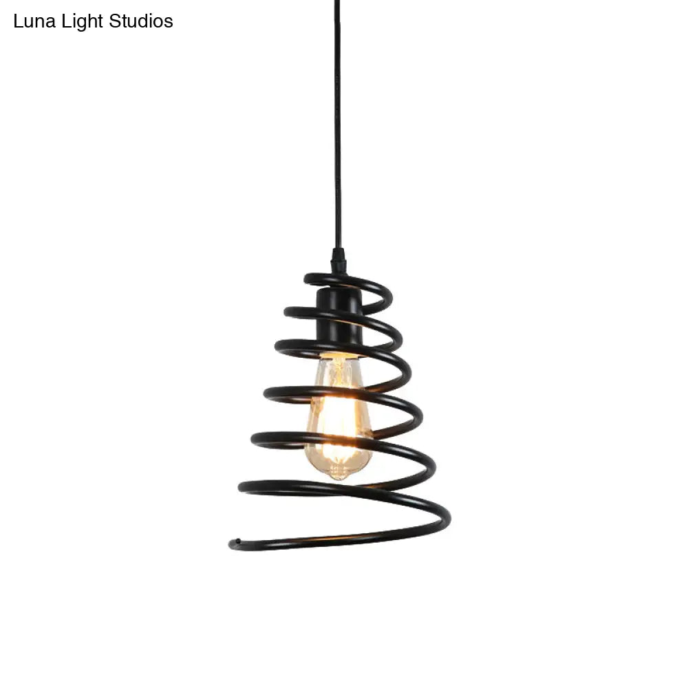 Coiled Cone Pendant Light In Black - 1-Bulb Iron Commercial Lighting For Warehouse