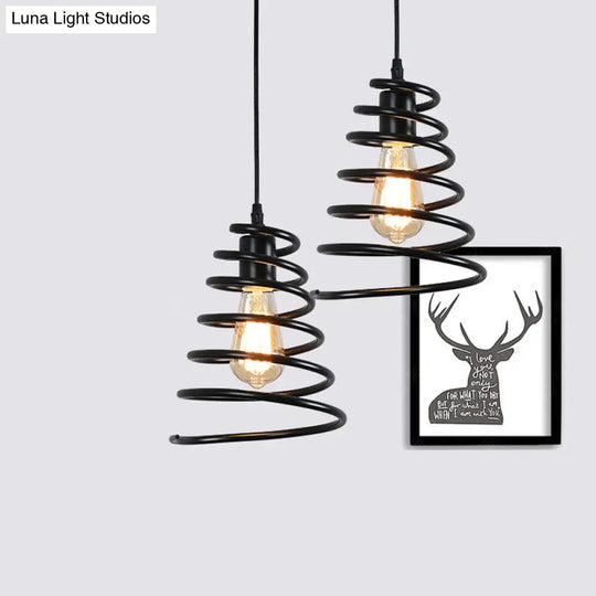 Coiled Cone Pendant Light In Black - 1-Bulb Iron Commercial Lighting For Warehouse