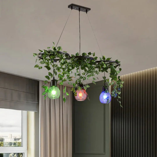 Black Iron Wheel 3-Head Pendant Light With Green Vine Detail And Globe Cage Design / Linear