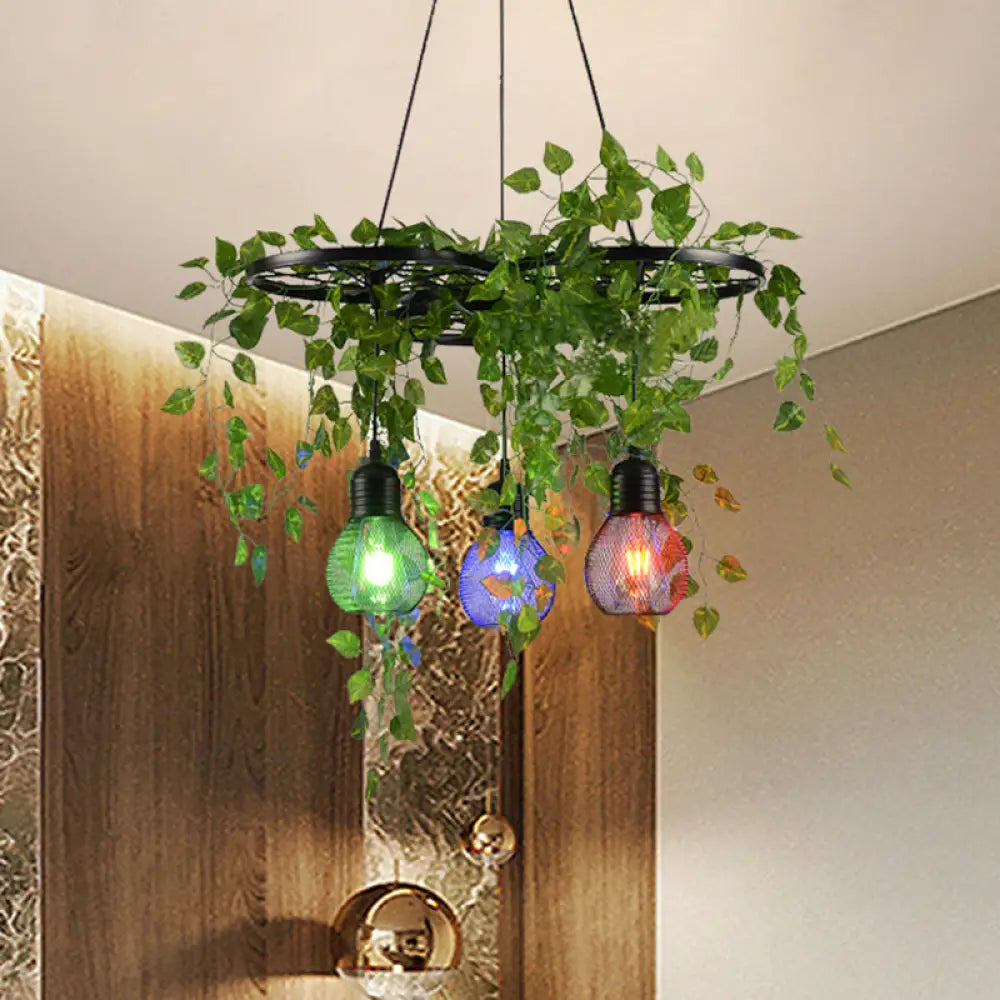 Black Iron Wheel 3-Head Pendant Light With Green Vine Detail And Globe Cage Design / Round