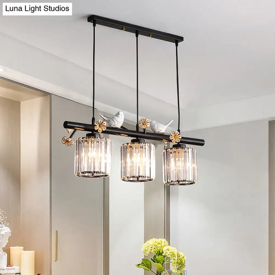 Black Island Pendant Light With Clear Crystal Cylinder And Lodge Style Accents - 3 Lights Bird