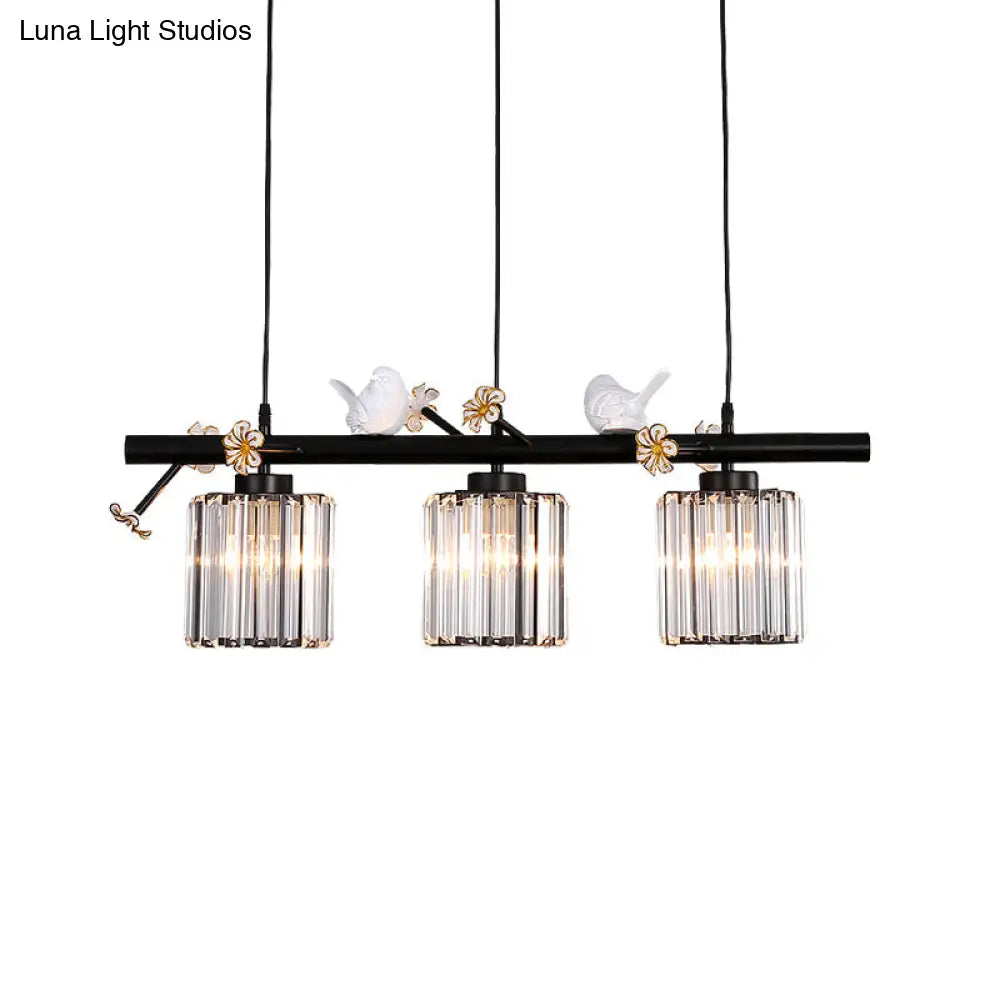 Black Island Pendant Light With Clear Crystal Cylinder And Lodge Style Accents - 3 Lights Bird