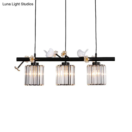 Black Island Pendant Light With Clear Crystal Cylinder And Lodge Style Accents - 3 Lights Bird