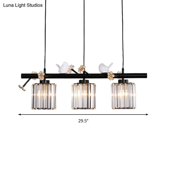 Black Island Pendant Light With Clear Crystal Cylinder And Lodge Style Accents - 3 Lights Bird