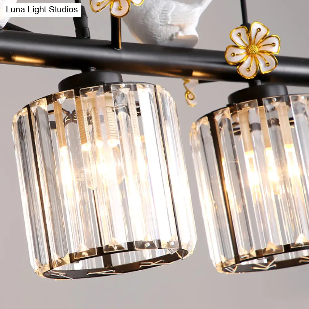 Black Island Pendant Light With Clear Crystal Cylinder And Lodge Style Accents - 3 Lights Bird