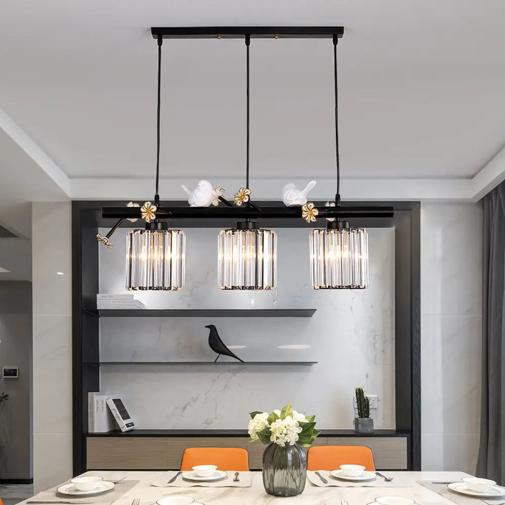 Black Island Pendant Light With Clear Crystal Cylinder And Lodge Style Accents - 3 Lights Bird