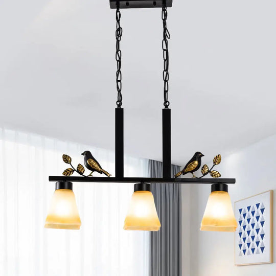 Black Island Pendant With 3 Tan Glass Shades And Bird Deco - Traditional Dining Room Ceiling Light /