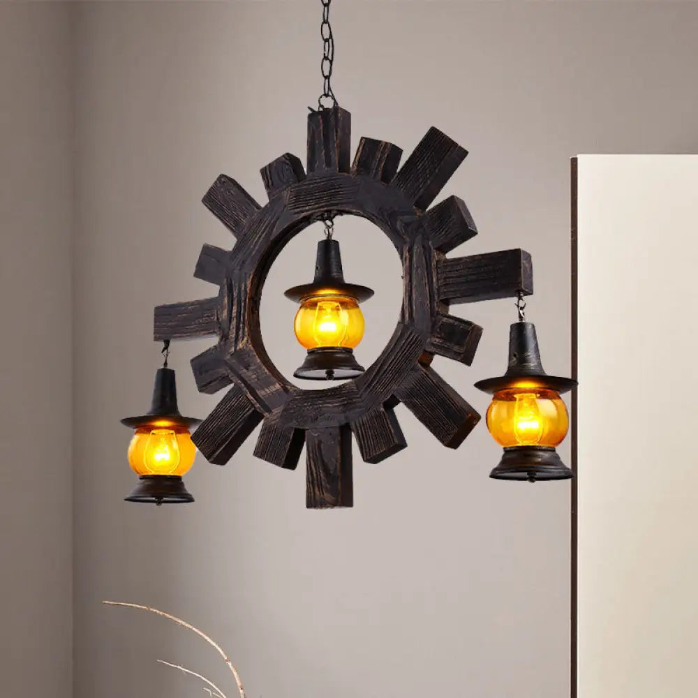 Black Kerosene Chandelier - Amber Glass 3-Light Ceiling Fixture For Living Room