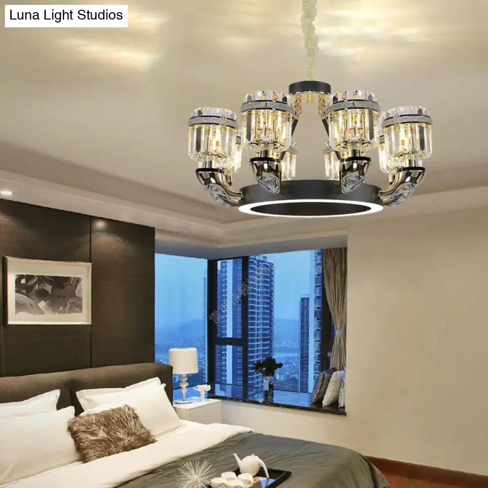 Black Led Beveled Crystal Cylinder Chandelier - Traditional Pendant Lighting For Bedroom