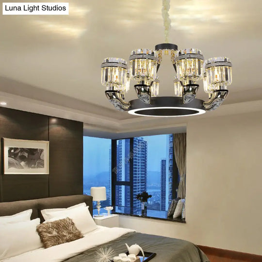 Black Led Beveled Crystal Cylinder Chandelier - Traditional Pendant Lighting For Bedroom