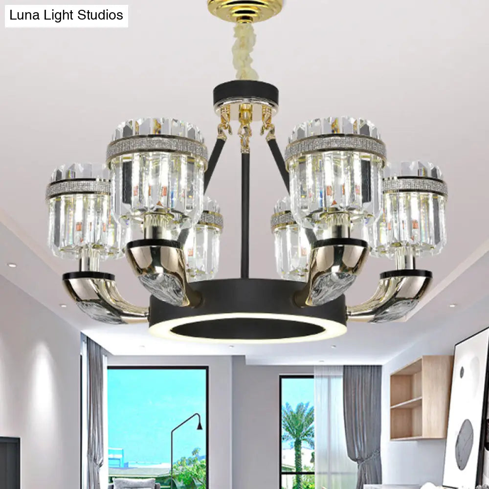 Black Led Beveled Crystal Cylinder Chandelier - Traditional Pendant Lighting For Bedroom