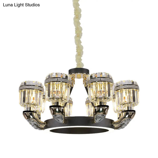 Black Led Beveled Crystal Cylinder Chandelier - Traditional Pendant Lighting For Bedroom