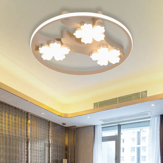 Black Led Flush Mount Ceiling Light With Blossom Decoration - Simple Style Wide Acrylic Ring