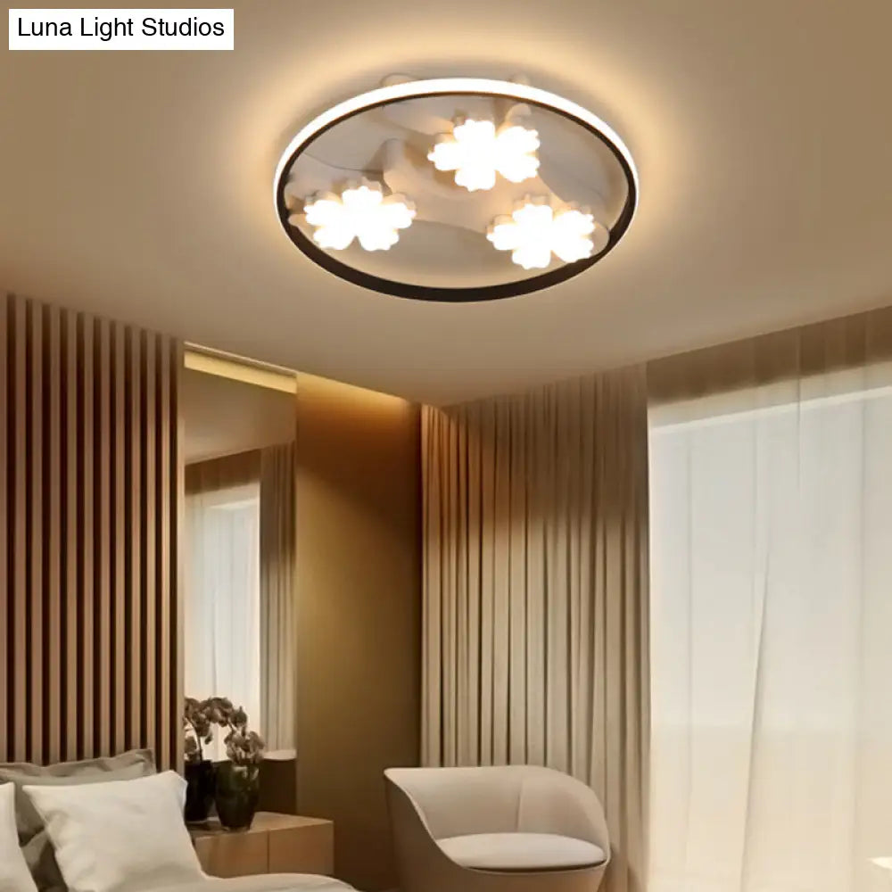 Black Led Flush Mount Ceiling Light With Blossom Decoration - Simple Style Wide Acrylic Ring