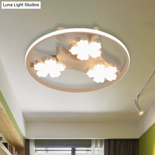 Black Led Flush Mount Ceiling Light With Blossom Decoration - Simple Style Wide Acrylic Ring