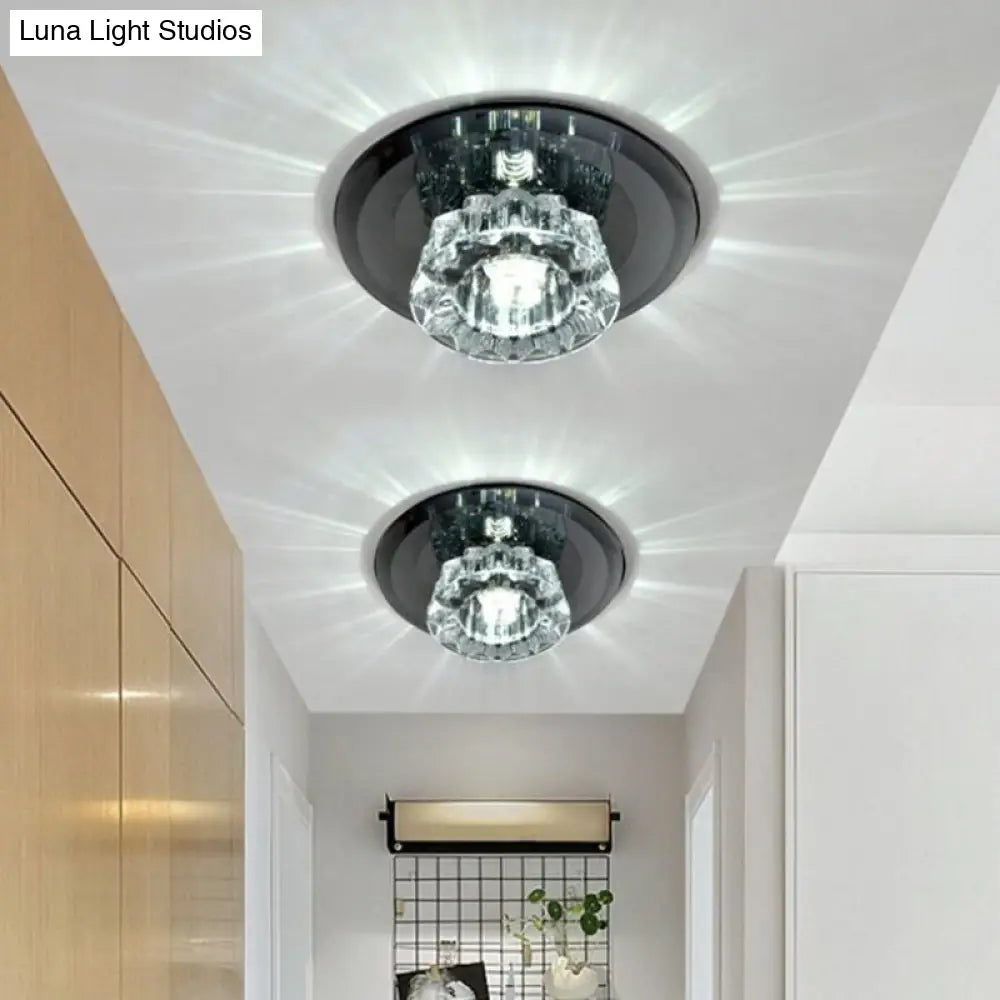 Black Led Flush-Mount Light Fixture With Faceted Glass Bowl - Sleek Ceiling