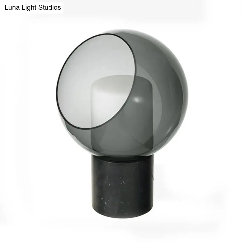 Black Led Table Lamp With Marble Base And Smoked Globe Glass Shade - Postmodern Nightstand Light