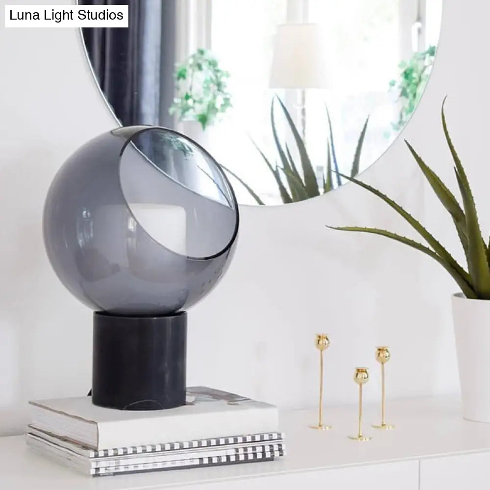 Black Led Table Lamp With Marble Base And Smoked Globe Glass Shade - Postmodern Nightstand Light