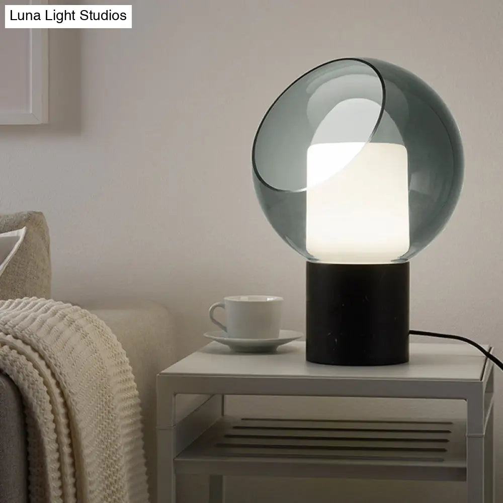 Black Led Table Lamp With Marble Base And Smoked Globe Glass Shade - Postmodern Nightstand Light