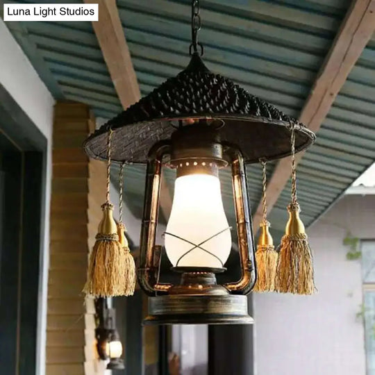 Black Lodge Style Glass Hanging Lantern For Balcony With Hat Design